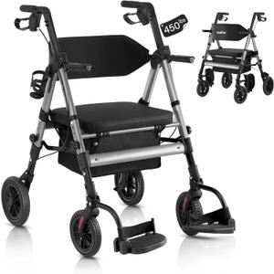 Walkers for Seniors,Rollator Walker with Seat, Walker Wheelchair Combo,2 in 1 Rollator Transport Chair with Brakes, Heavy Duty Rolling Walker,Holds up to 450 pounds,10" Big Wheels for All Terrain,Grey