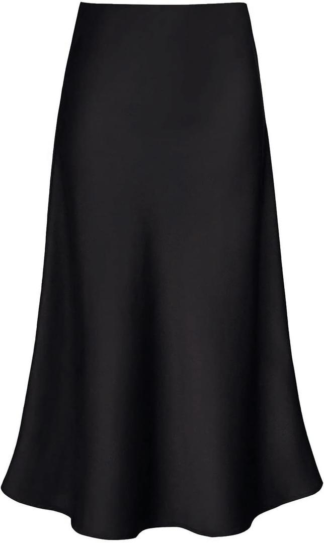 Women's Satin High Waist Hidden Elasticized Waistband Flared Casual A Line Midi Skirt (Black, Small)