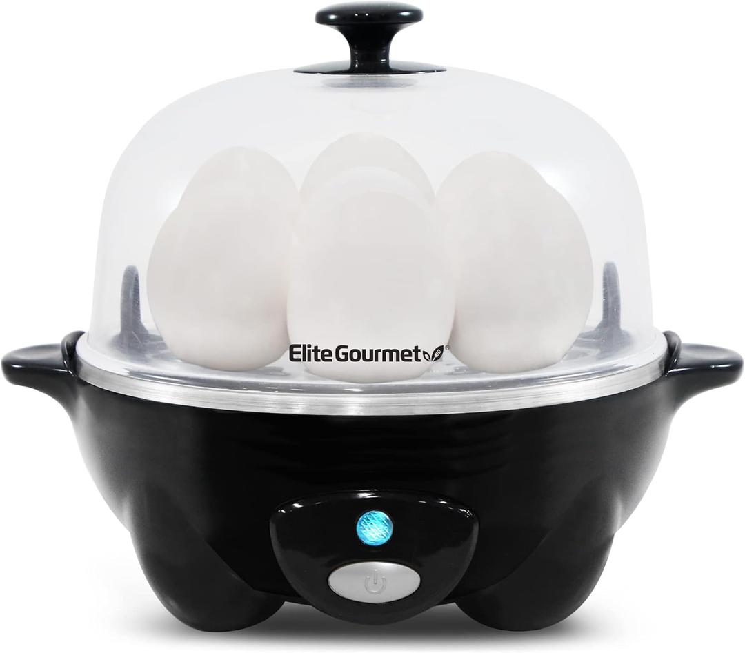 Elite Gourmet EGC-007B# Rapid Egg Cooker, 7 Easy-To-Peel, Hard, Medium, Soft Boiled Eggs, Poacher, Omelet Maker, Auto Shut-Off, Alarm, 16-Recipe Booklet, Black