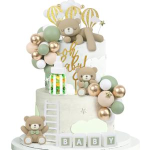 44 PCS Green Bear Cake Toppers - Mini 3D Bear BABY Letters Milk Bottle Green Gold Foam Balls Cake Toppers for Boy Girl Birthday Party Baby Shower Cake Decorations