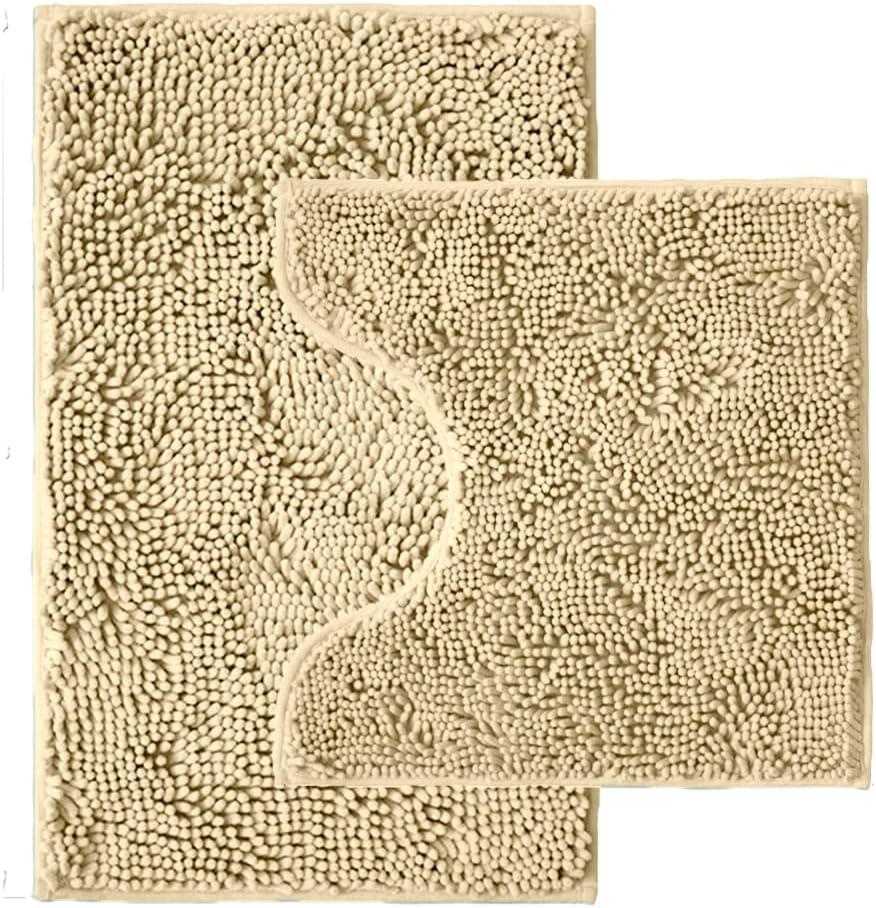 Bathroom Rugs Sets 2 Piece,Super Absorbent Chenille Bath Mats and U-Shaped Toilet Rug,Strong PVC Non Slip Backing,Microfiber Washable Dry Quickly Bath Mats for Bathroom(20"x32"+20"x20"U, Camel)