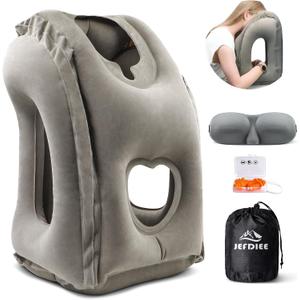 JefDiee Inflatable Travel Pillow, Airplane Neck Pillow Comfortably Supports Head and Chin for Airplanes, Trains, Cars Office Napping on The Tray Table (Grey) (Medium)