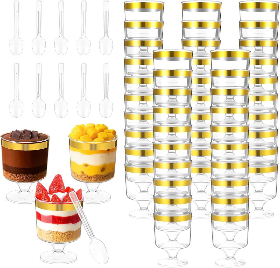 100 Sets 5 Oz Mini Dessert Cups with Spoons, Clear Plastic Parfait Glasses with Gold Rim, Small Cake Shooter Cups for Party Wedding Events Supplies