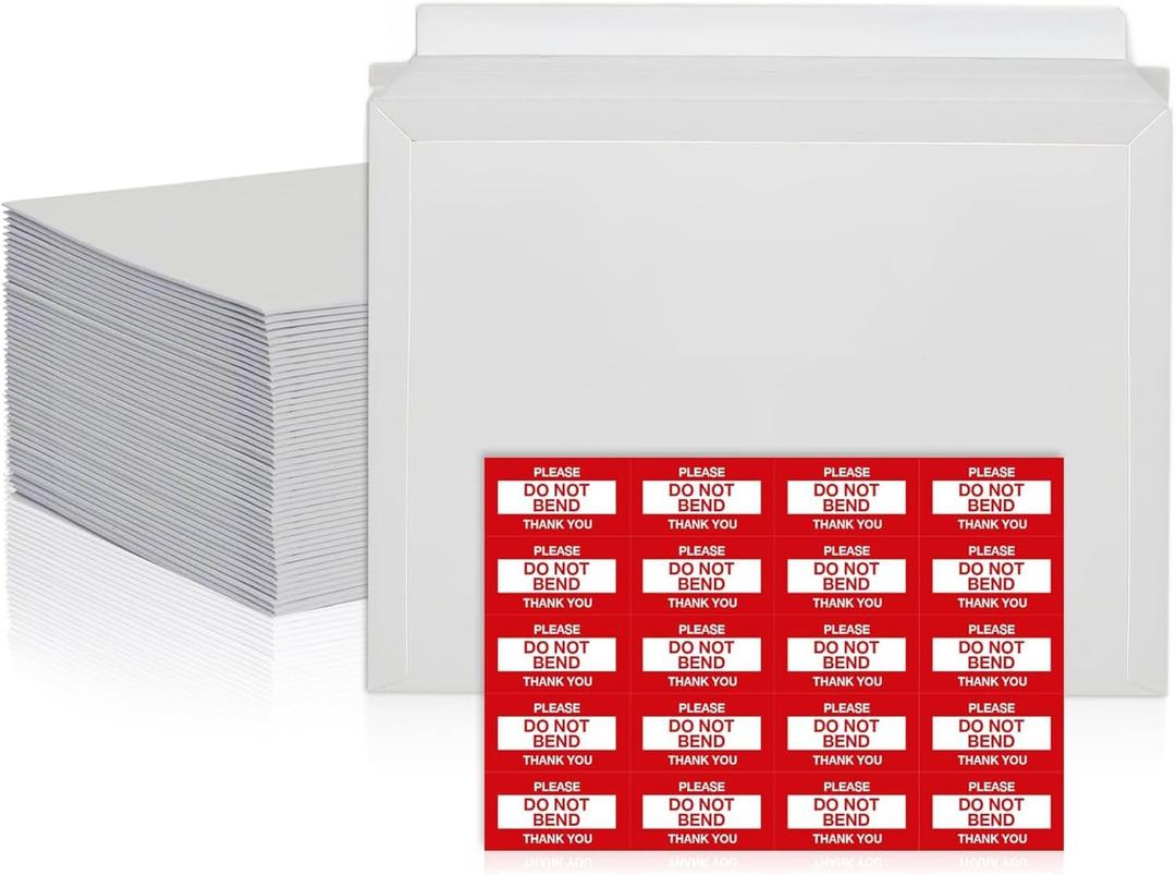 100 Pack 9.5 x 12.5 Inches Rigid Mailers Self Adhesive White Cardboard Envelopes Used as Mailing Supplies for Documents, Photos, CDs, Magazines, and Literature