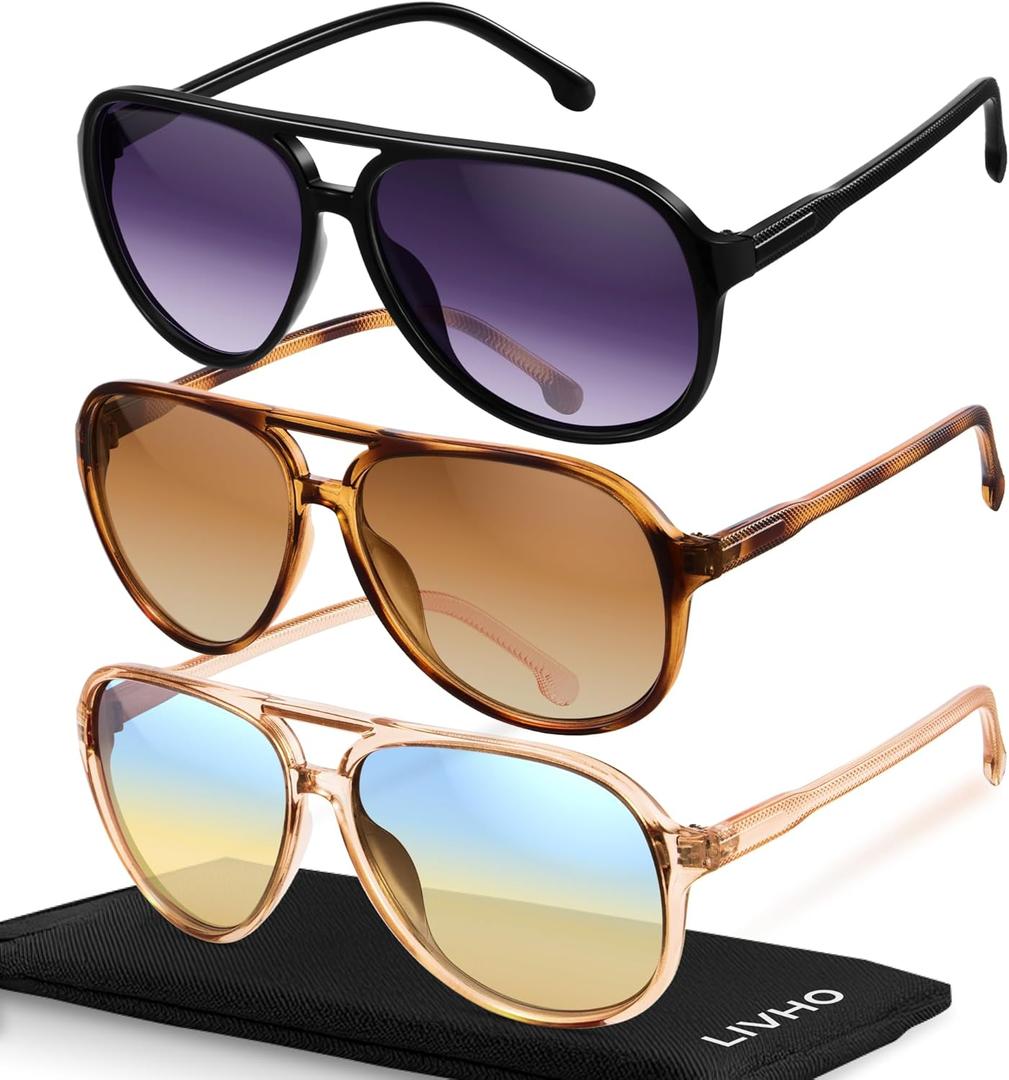 livho Trendy Polarized Aviator Sunglasses Women Men, Retro Sun Glasses for Women Men 2025, Oversized UV Protection Shades (Tortoise Brown + Black/Grey + Clear Brown/Green Gradient Brown)