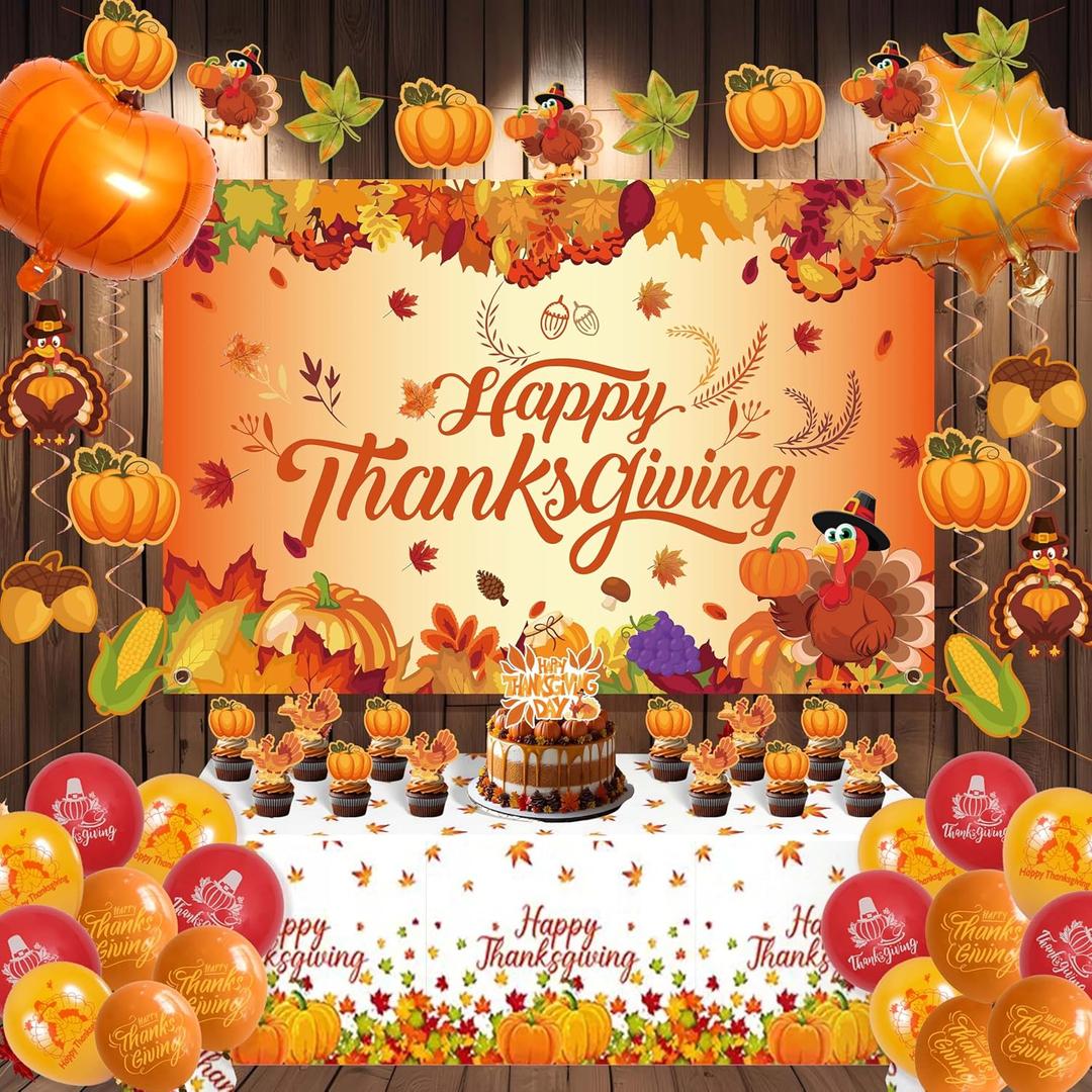 Thanksgiving Party Decorations Set, Turkey Themed Backdrop,Tablecloth, Balloons, Cake Toppers, Fall Theme Party Supplies