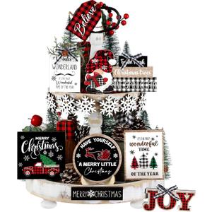 Dandat 15 Pcs Christmas Tiered Tray Decor - Red & Black Buffalo Plaid, Snowflake, Tree, Gnome, Truck - Wooden Signs - Farmhouse Christmas Decor for Home, Table, Shelf