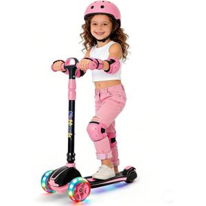 Nattork Kick Scooter for Ages 3-8, Light Up 3-Wheels Foldable Scooter with 4 Adjustable Height for Boys & Girls, Lean to Steer,Anti Slip Deck,Toddler Scooter 120lbs Weight Capacity Pink