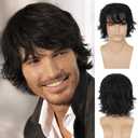 Mens Black Wig Short Layered Natural Fluffy Wig Synthetic Heat Resistant Halloween Cosplay Hair Wig
