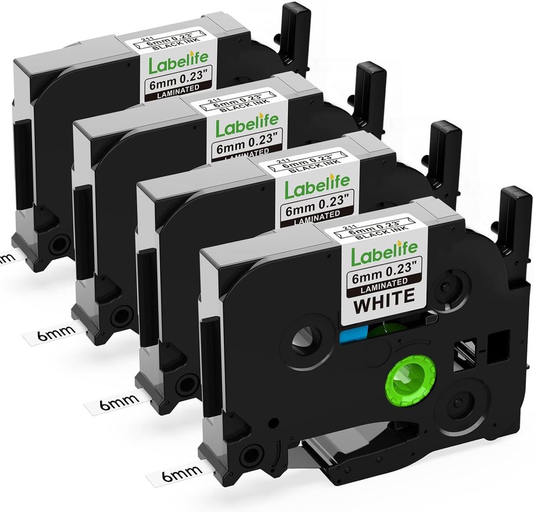 Labelife Replacement for Brother TZe-211 TZe211 P Touch Label Tape 6mm Label Maker Tape TZe TZ Tape 6mm 0.23 Laminated White for Brother PT-D220 PT-D210 PT-H110 PT-D400 PT-D600, 0.23 Inch, 4-Pack (Black on White)