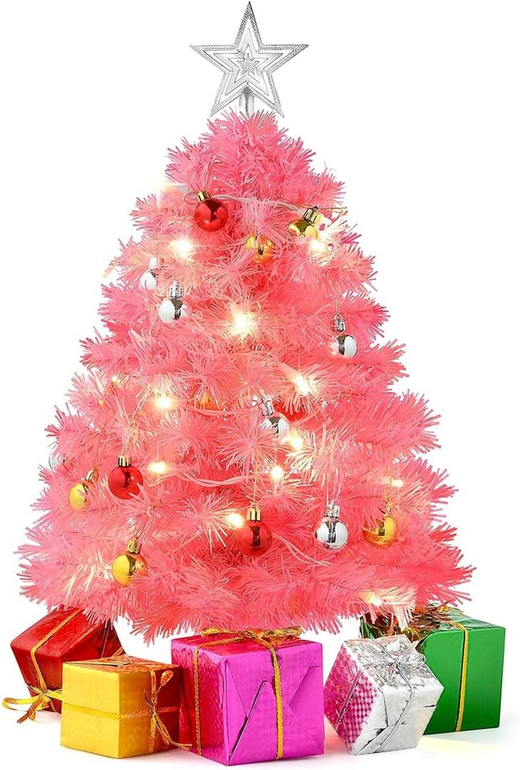 PREXTEX Table Top Christmas Tree - 23 Inch Mini Pink Flocked Christmas Tree with LED Lights, Hanging Ornaments, Gift Boxes, and Star Topper - Small Tabletop Holiday Decor for Indoor and Outdoor Use
