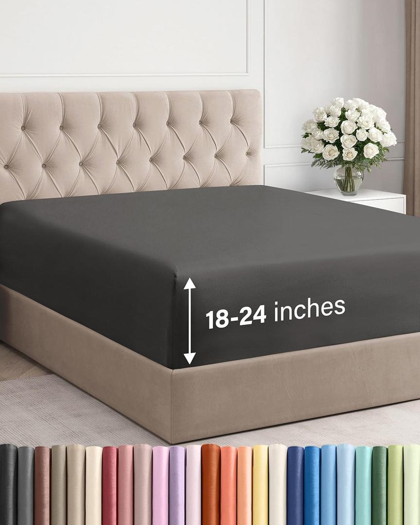 Extra Deep Queen Fitted Sheet - Hotel Luxury Single Fitted Sheet Only - Easily Fits 18 inch to 24 inch Mattress - Ultra Soft, Wrinkle & Fade Free w/Extra Deep Pockets - Breathable & Comfy - Charcoal