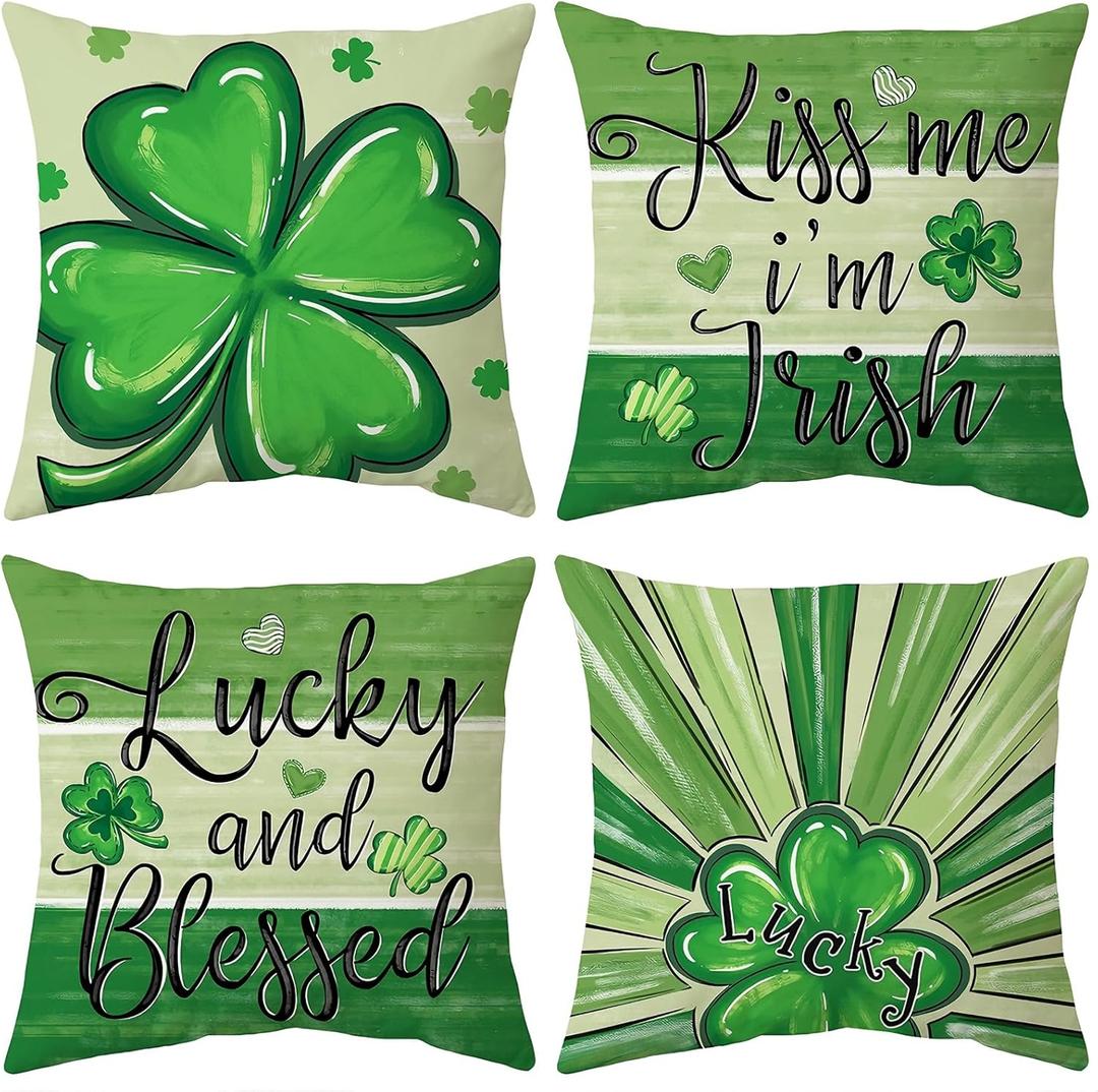 St Patricks Day Pillow Covers 18x18 inch Set of 4 Green Shamrock Decorative Irish Throw Pillows Cushion Cases for Sofa Couch Bedroom Holiday Home Decoration (Lucky and Blessed)