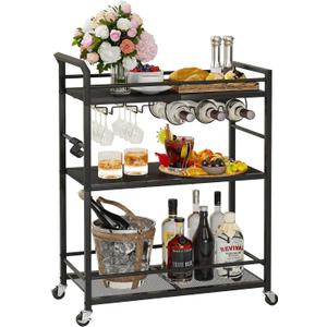 3 Tier Bar Cart, Small Beverage Cart, Mini Bar Cart with Wine Rack, Home Bar Serving Cart with Wheels for Kitchen Dining Living Room (Black, General)