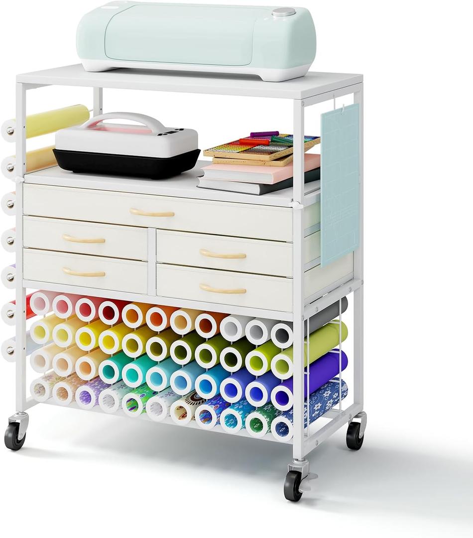 LUCKUP Organization and Storage Craft Table for Cricut Machines, Rolling Cart Cabinet with Extend Tabletop, 51 Vinyl Roll Holders, 5 Drawers & Heat Press Workstation