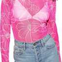 Women's Sheer Floral Long Sleeve Layering Top Ruffled Mock Neck Sheer Blouse for Casual Brunch Party Club Night Date Outfits (Medium, Floral Hot Pink)