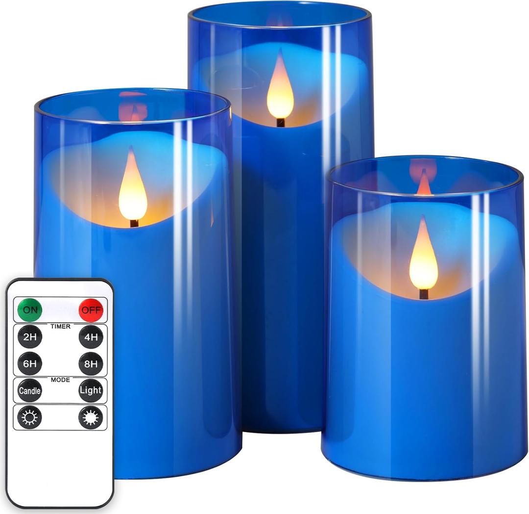 NURADA Flameless Candles: LED Pillar Acrylic Battery Candles with Remote and Timer for Wedding Party Romantic Decor - Pack of 3 Blue (4"x5"x6")