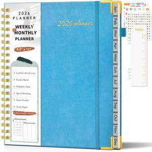 2026 Planner, Weekly and Monthly Calendar Planner from January 2026 - December 2026, 8.5" x 11" Hardcover Leather Hourly Appointment Book with Tabs, Spiral Daily Planners for College School Work Home, Sky Blue (A4)