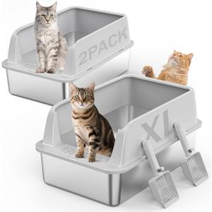 2PACK Stainless Steel Litter Box, Extra Large Litter Boxes for Big Cats, XL Metal Cat Litter Box with Lid High Sides, Anti-Urine Leakage, Non-Sticky, Scoop Included (Silver Grey)