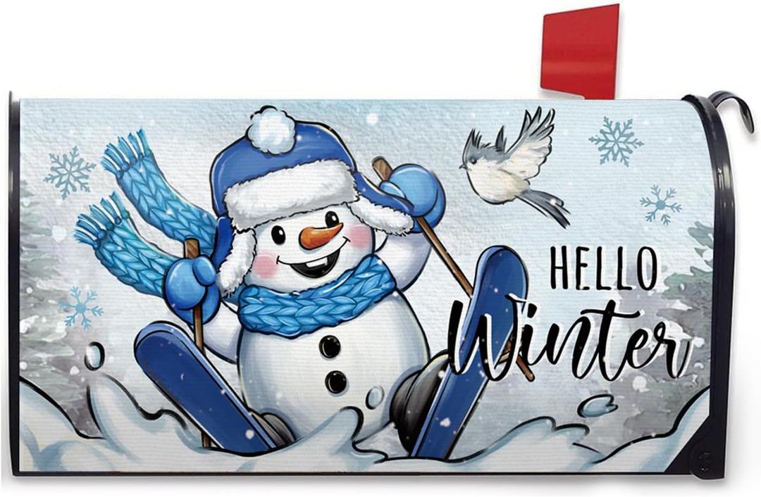 Hello Winter Skiing Snowman Mailbox Cover Magnetic Standard Size 21" x 19", Snowy Bird Decorative Post Letter Box Wrap Decor, Seasonal Christmas Snowflake Garden Yard Outdoor Decoration