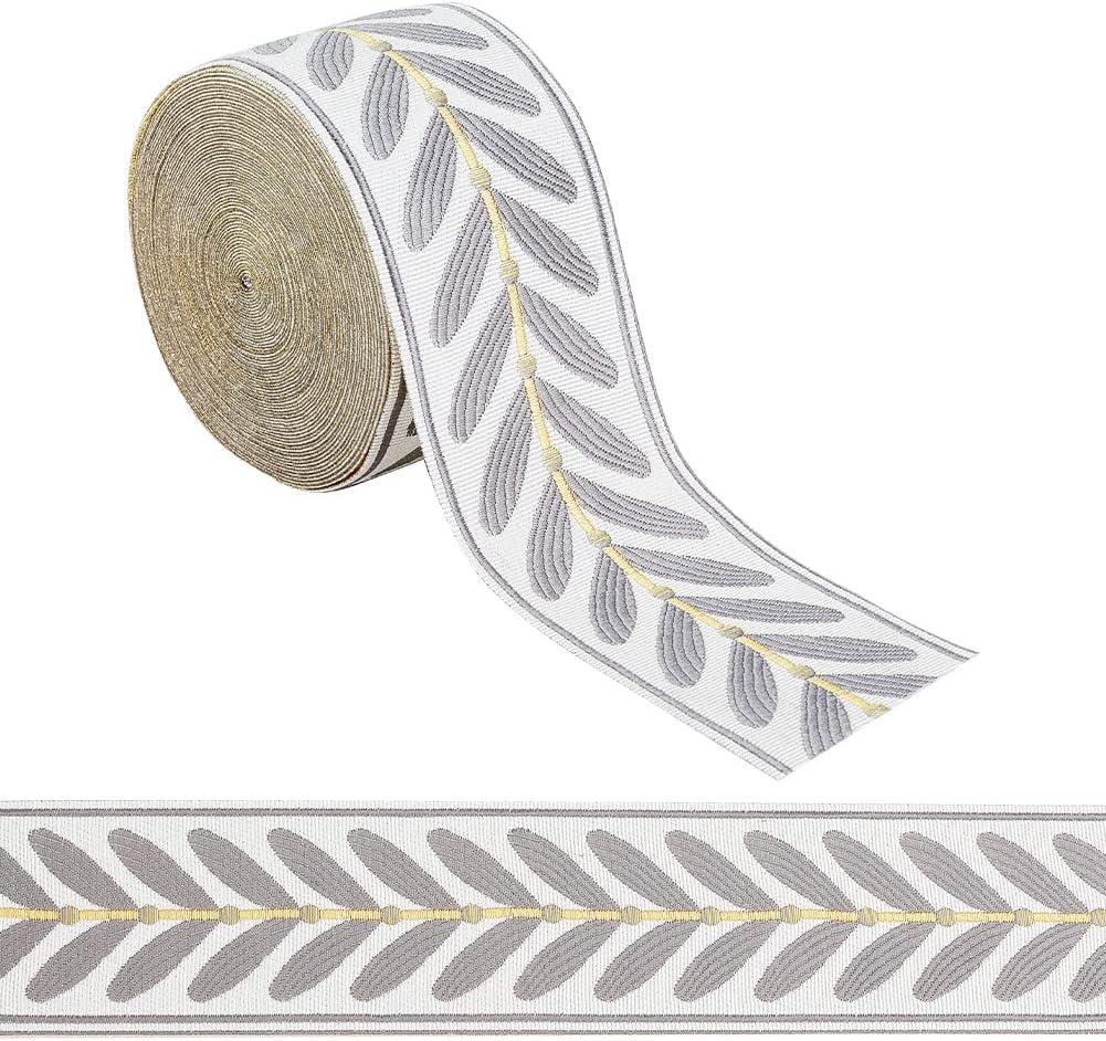 OLYCRAFT 10.9 Yards Jacquard Ribbon Trim 2.4 Inch Leaf Jacquard Polyester Ribbons Grey White Leaf Jacquards Woven Embroidery Trim for DIY Sewing Crafts Handmade Bag Belts Clothing Decoration