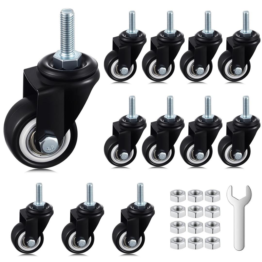BBTO 12 Pack 1.5 Inch Swivel Caster Wheels PU 360 Degree Threaded Stem Caster Wheel M8 x 25mm, 330lb Total Load Capacity, for Handcarts, Furniture, Flatbed Carts, Workbenches, Small Equipment