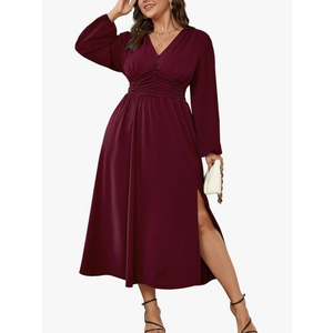 Womens Plus Size Wedding Guest Cocktail Maxi Dress Long Sleeve Elastic Waist V-Neck A-Line Side Slit Flowy Dresses, 2XL