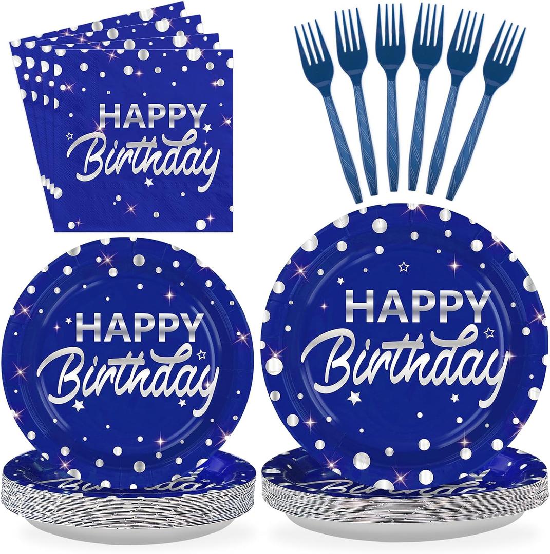 Grencian 96Pcs Blue and Silver Birthday Party Decorations Silver Polka Dots on Blue Paper Plates and Napkins Disposable Tableware for Women Men Birthday Party Graduation Decorations 2026 Serves 24