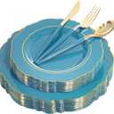 Nervure 100PCS Teal Plastic Plates With Gold Rim & Gold Disposable Silverware with Teal Handle Include 40 Plates, 60 Plastic Sivlerware for Party & Wedding