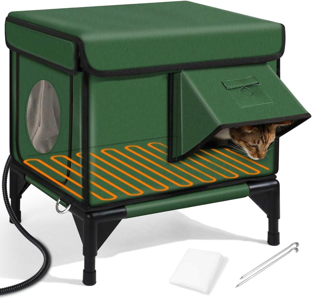 Heated Cat House for Outside,Dual Camera Mounts,100% Weatherproof & Extremely Insulated,Elevated Feral Cat Shelter with Escape Door,Waterproof Eaves for Outdoor Stray Barn Cat(Army Green,S) (16.5"L x 12.6"W x 17.7"H)