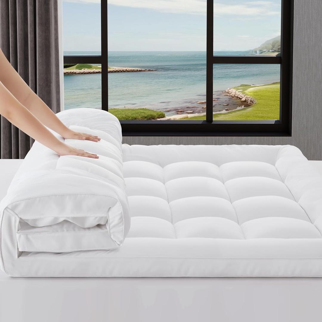 3 Inch Mattress Topper Queen Size Breathable Filled Soft Fluffy Supportive for Back Pain Relief, Bed Mattress Pad Pillow Topper with Extra Thick Padded Protector for 8"-21" Deep Pocket (White)
