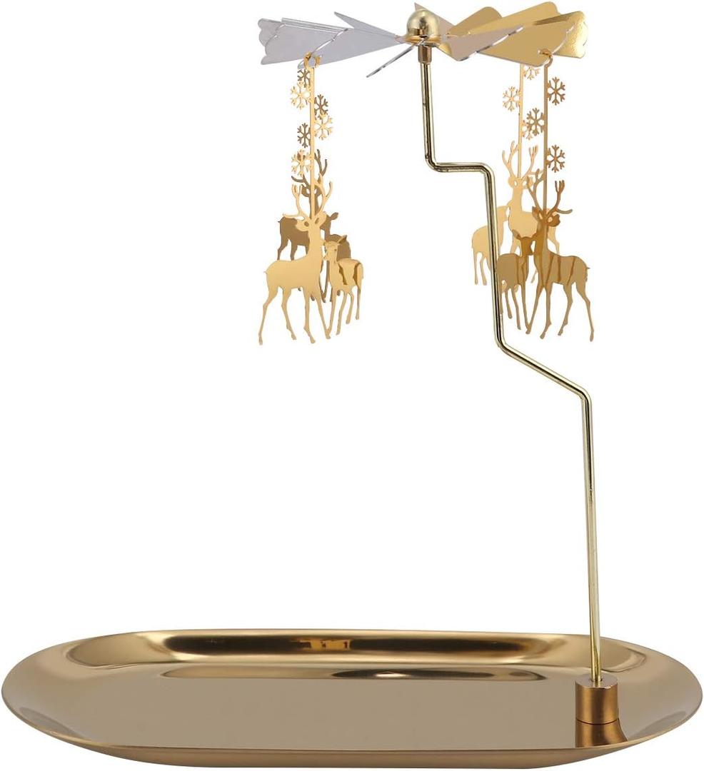 Golden Rotary Candle Holder with Tray Christmas Table Decorations Revolving Elk Tealight Candlestick Holiday Wedding Party Decor Christmas Spinning Candle Holder Deer Rotating Candlestick Set