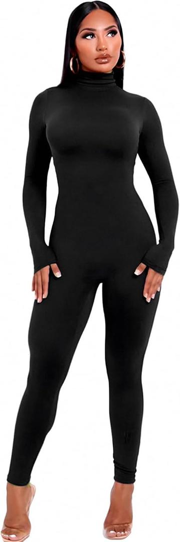 Jumpsuits for Women Long Sleeve Bodysuit Rompers Zipper Hight Neck One Piece Outfits for Women (Small, Black)