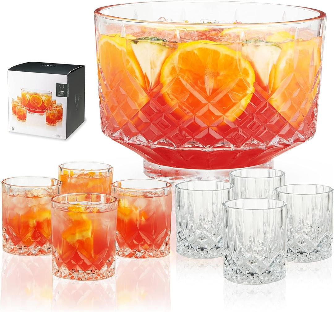 Viski Admiral Punch Bowl Set with 8 Tumblers, Cut Crystal Cocktail Party Serveware, Dishwasher Safe, 2.5 Gallons, 9 Oz Glasses, Set of 9