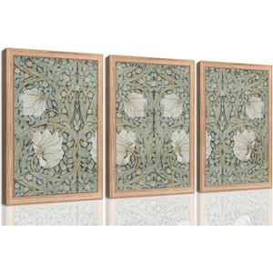 3Pcs Framed Abstract Floral Canvas Wall Art Vintge Green Flower Painting Picture Wall Decor Retro white Flowers Botanical Poster Print Artwork for Living room Bedroom Home Decoration, 24"L x 16"W