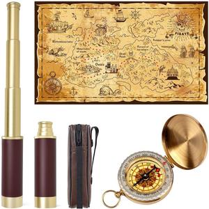 Pirate Spyglass Telescope Treasure Map Pocket Compass Kids Toys Set, Handheld Collapsible 25"x30" Zoomable Monocular Polyester Fabric Huge Map & Golden Compass Boys Gift for Pirate Lovers