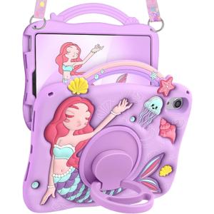 Boaretiu for iPad mini 6 Case/Mini A17 Pro Case - 3D Cute Cartoon Mermaids Girls Teens Soft Silicone for iPad mini 7/6 8.3 Inch Tablet Cover with Strap & Rotating Stand (Purple)