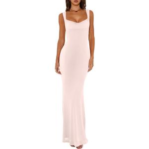 REORIA Women's Summer Cowl Neck Mesh Sleeveless Tank Dress Sexy Double Lined Bodycon Maxi Long Dresses (Large, Dew)