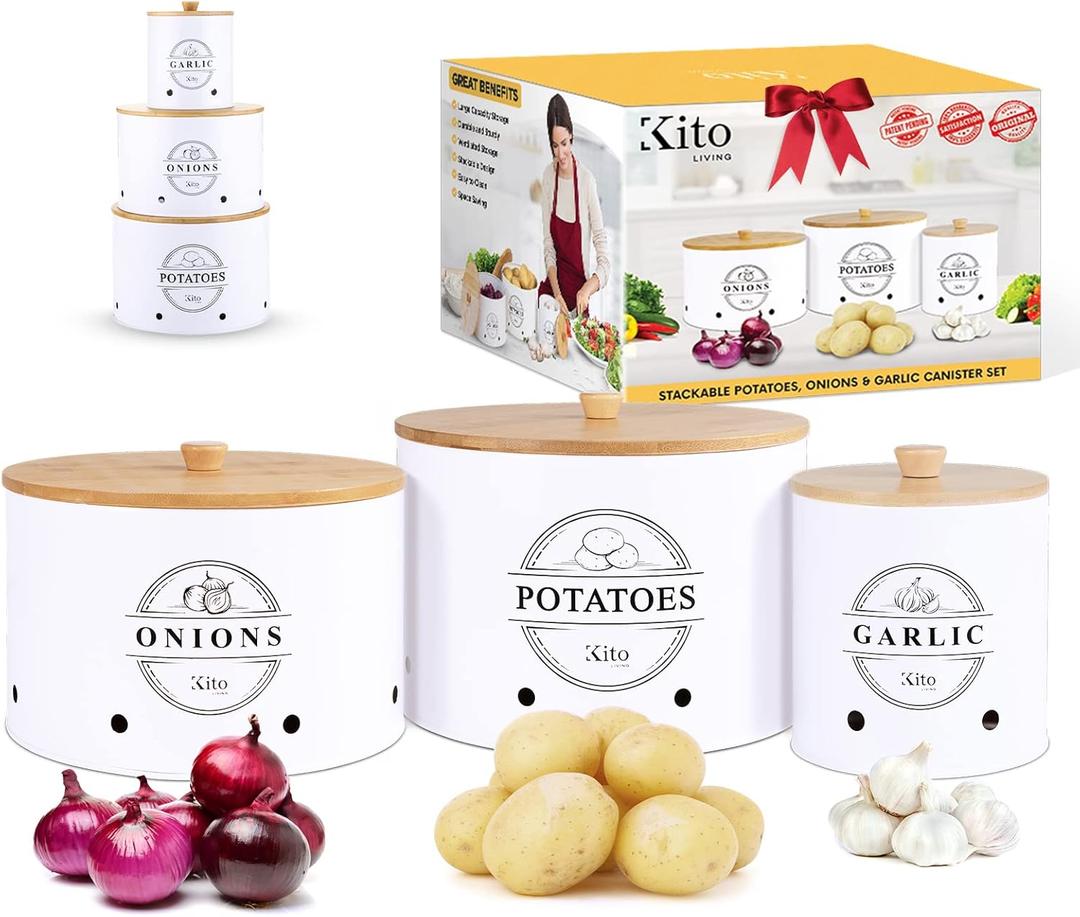Canister Sets for Kitchen Counter with Wooden Bamboo Lids, Kitchen Canisters for Countertop, Stackable Steel Farmhouse Canisters for Potato Storage, Onion and Potato Storage Bins - White