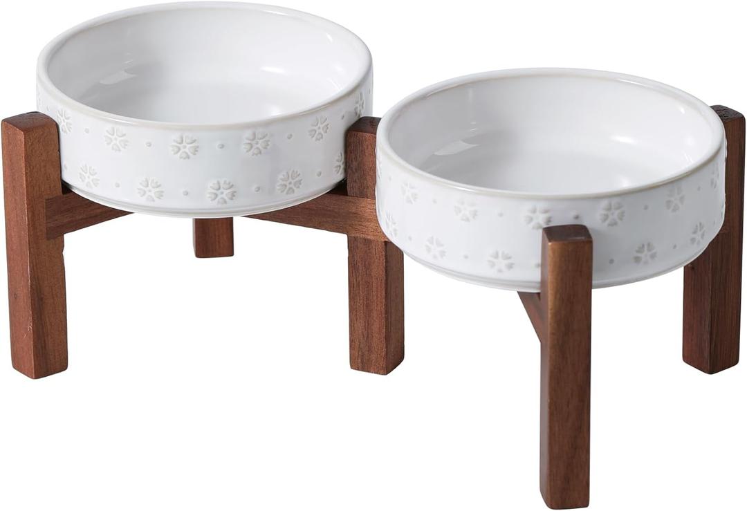 Havniva 6.1inch Ceramic Raised Double Bowls Set with Acacia Wood Stand, 2 Heights Elevated, Food & Water Bowls for Toy Breed Dogs, Kitty, Cats, Pet Bowl(13.5OZ, Arctic White)