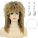 Bettecos 80s Women Rock Diva Costume Wig with Necklace and Earring for Women Big Hair Blonde 70s 80s Rocker Mullet Wigs Glam Punk Rock Rockstar Cosplay Wig for Halloween Party (Blonde)