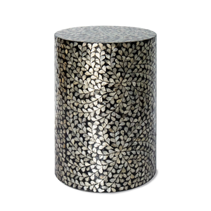 PEMAR Mother of Pearl Inlaid Cylinder Drum End Table Nacre Capiz Shell Side Table Stool Round Coffee Bedside Accent Nightstand and Vanity Stool (Black)