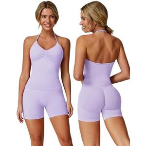 ABOCIW Workout Sets for Women 2 Piece Seamless Impact Longline Strappy Top Scrunch Butt High Waist Biker Shorts Gym Set,M Lilac