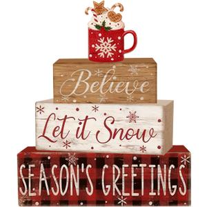 4 Pcs Christmas Decorations Indoor - Wooden Cocoa Table Decoration for Home - Christmas Centerpiece For Table - Winter Tiered Tray Decor Rustic Farmhouse Xmas Gift for Home Kitchen Mantel