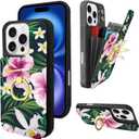 TopPerfekt Compatible with iPhone 16 Pro Wallet Case with Card Holder, 360 Rotation Finger Ring Holder Kickstand Protective RFID Blocking PU Leather Pattern Double Buttons Flip 6.3" Florals Green
