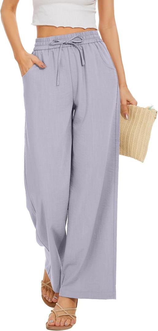 Women Flowy Pants Drawstring Waist Wide Leg Palazzo Beach Pants Loose Fit with Pockets (Large Short, Purple)