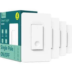 TREATLIFE Smart Switch 4 Pack, 2.4Ghz WiFi Light Switch Single-Pole, Neutral Wire Required, Works with Alexa, Google Home and SmartThings, Smart Home Remote Control, FCC Listed
