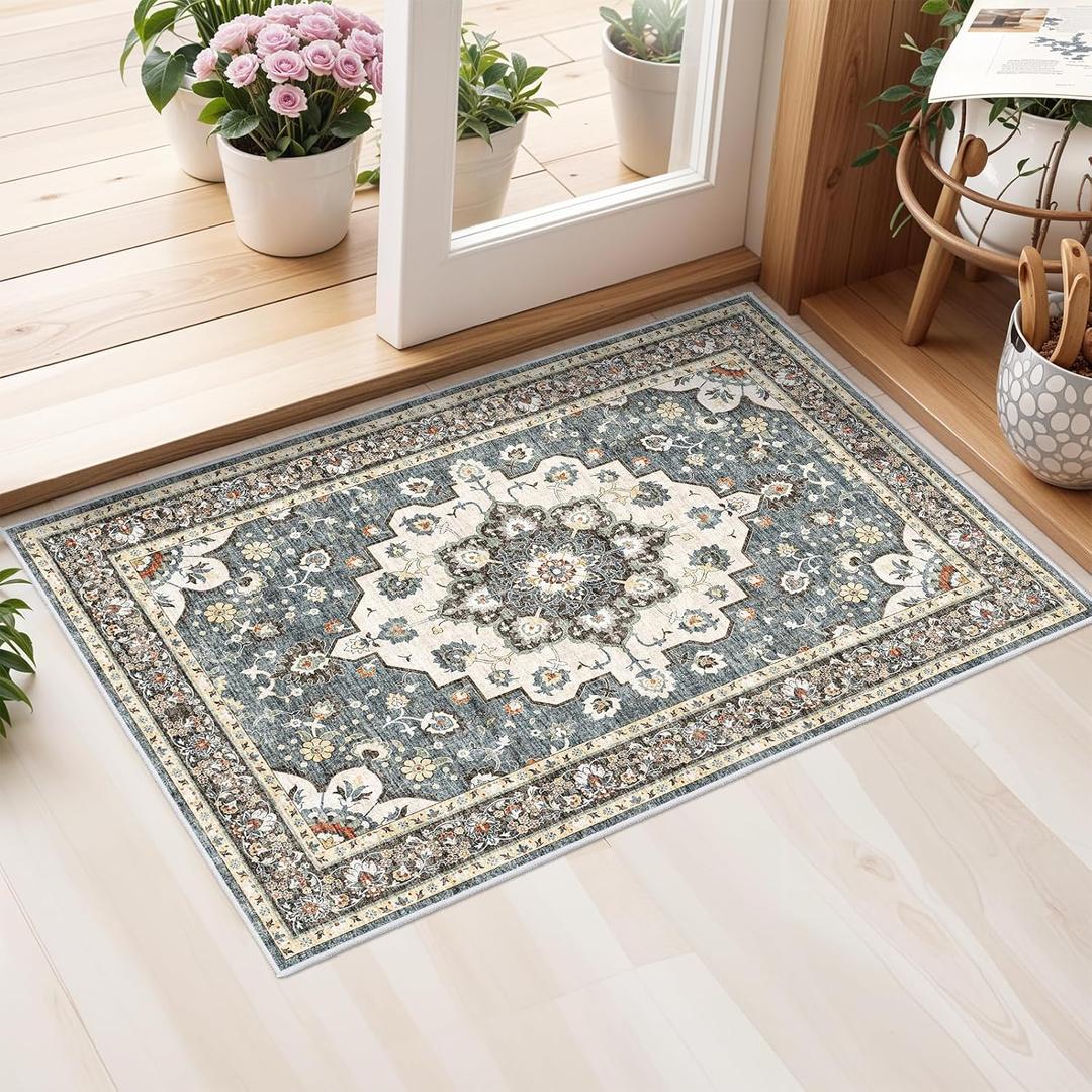 Washable Oriental Area Rug - 2x3 Rugs for Living Room Soft Carpet for Bedroom Waterproof Floral Distressed Indoor Stain Resistant Non-Shedding Floor Carpets (Blue, 2x3)