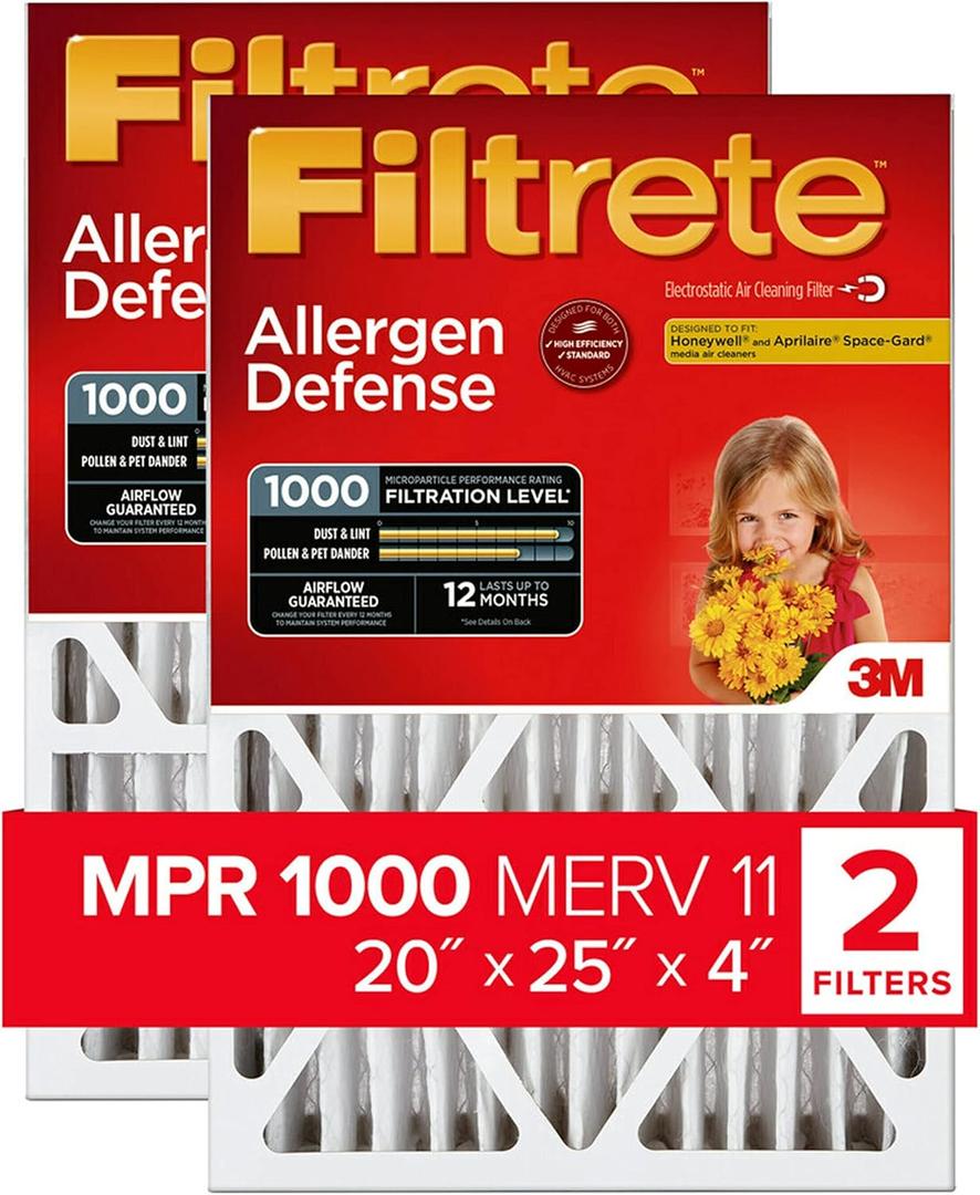 Filtrete NADP03-2PK-2 08189005996 MPR 1000 20 x 25 x 4 (4-3/8 Actual Depth) Micro Allergen Defense Deep Pleat HVAC Air Filter, Uncompromised Airflow, 2-Pack, 20x25x4, No Color, 2 Count (19.9" x 24.6" x 4.3")