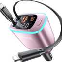 iPhone Car Charger, Retractable Fast USB C Phone Charger, 4 in 1 Cigarette Lighter Adapter with 2 Cables 25 Inch and 2 USB Ports, Multi Port USB Car Charging for iPhone 17/16/15/14/13/Pro Max-Pink